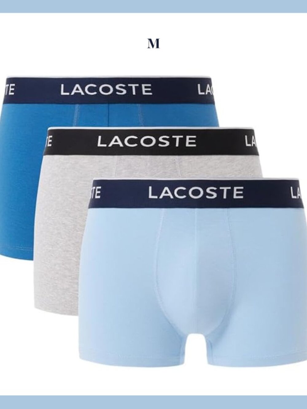 NEW - Lacoste Men's 3-Pack Blue Cotton Stretch Tricolor Waistband Trunks Sz M